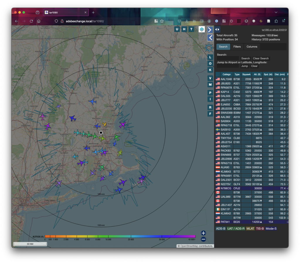 Screenshot of tar1090 software, showing airplanes overlaid on a map out to a range of approximately 100 miles.